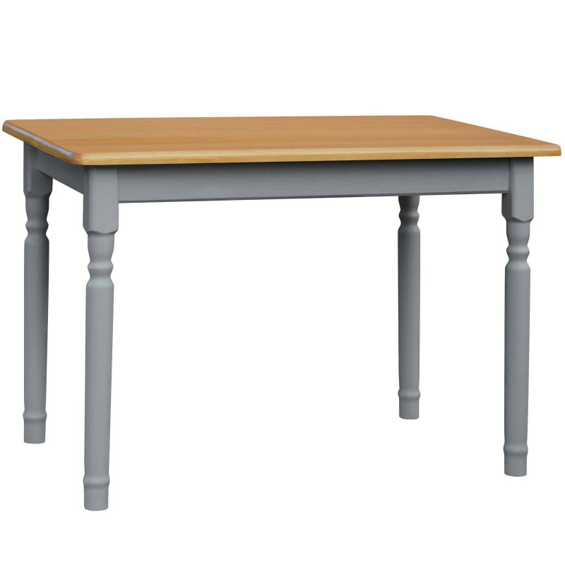 Tavolo da pranzo in pino, gambe tornite grigie, piano: colore ontano