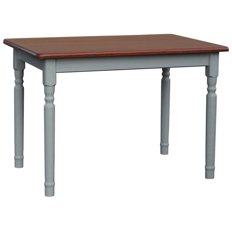 Grenenhouten eettafel, grijze gedraaide poten, blad: calvadoskleur