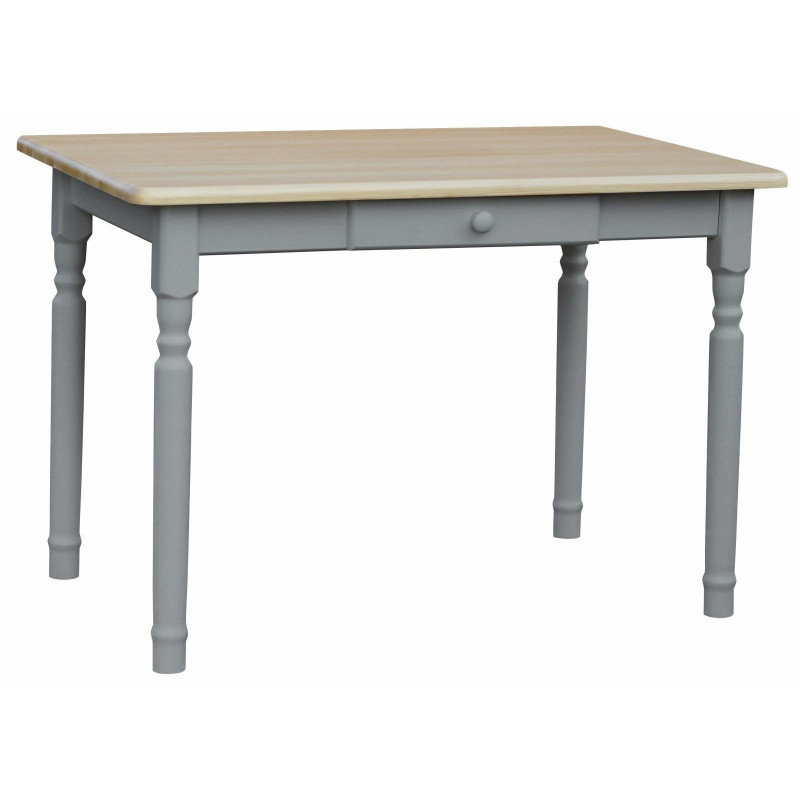 Grenenhouten eettafel met lade, grijze gedraaide poten, blad: blanke lak