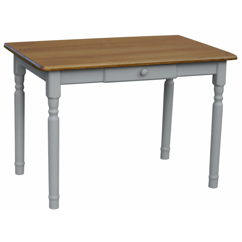 Tavolo da pranzo in pino con cassetto, gambe tornite grigie, piano: colore rovere