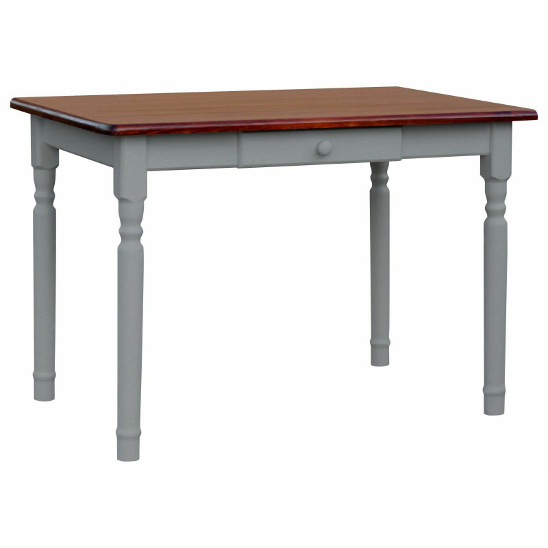 Tavolo da pranzo in pino con cassetto, gambe tornite grigie, piano: colore calvados