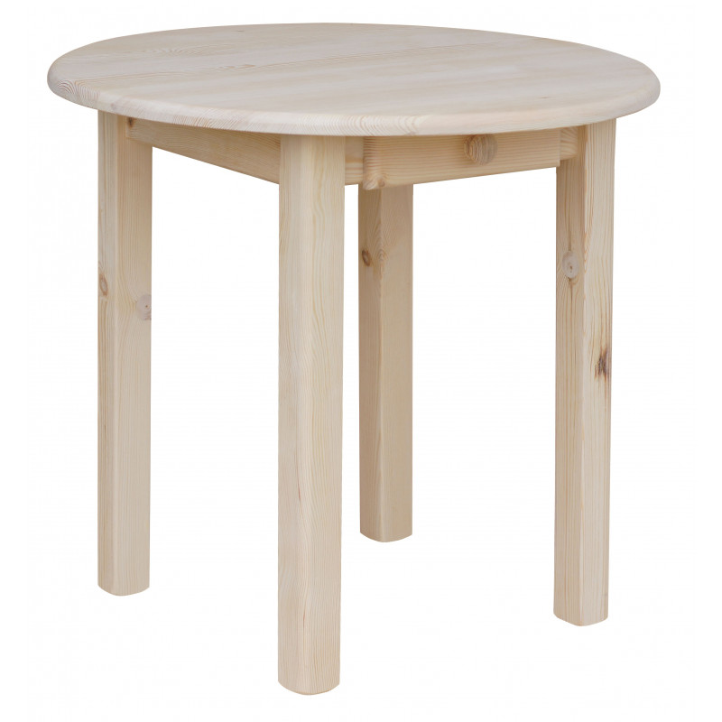 Ronde grenenhouten eettafel met lade, vierkante poten, onbehandeld