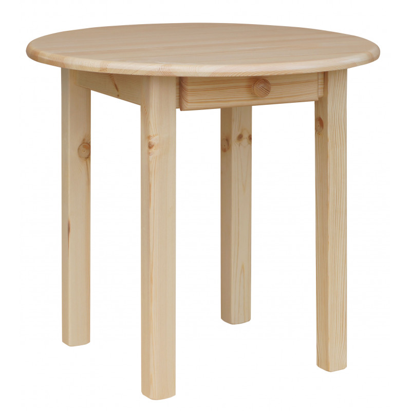 Ronde grenenhouten eettafel met lade, vierkante poten, blanke lak