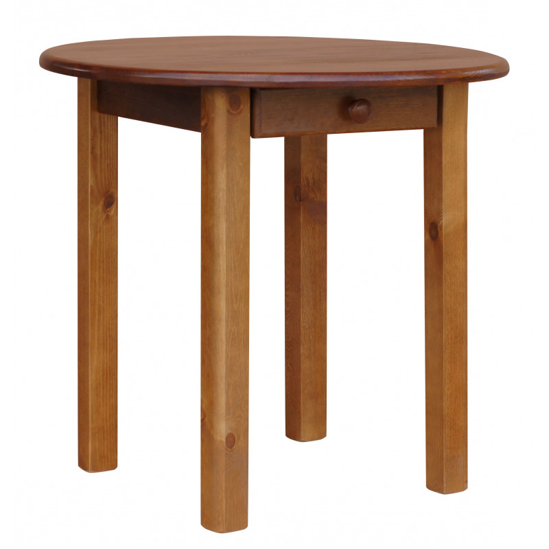Ronde grenenhouten eettafel met lade, rechte poten, eikenkleur