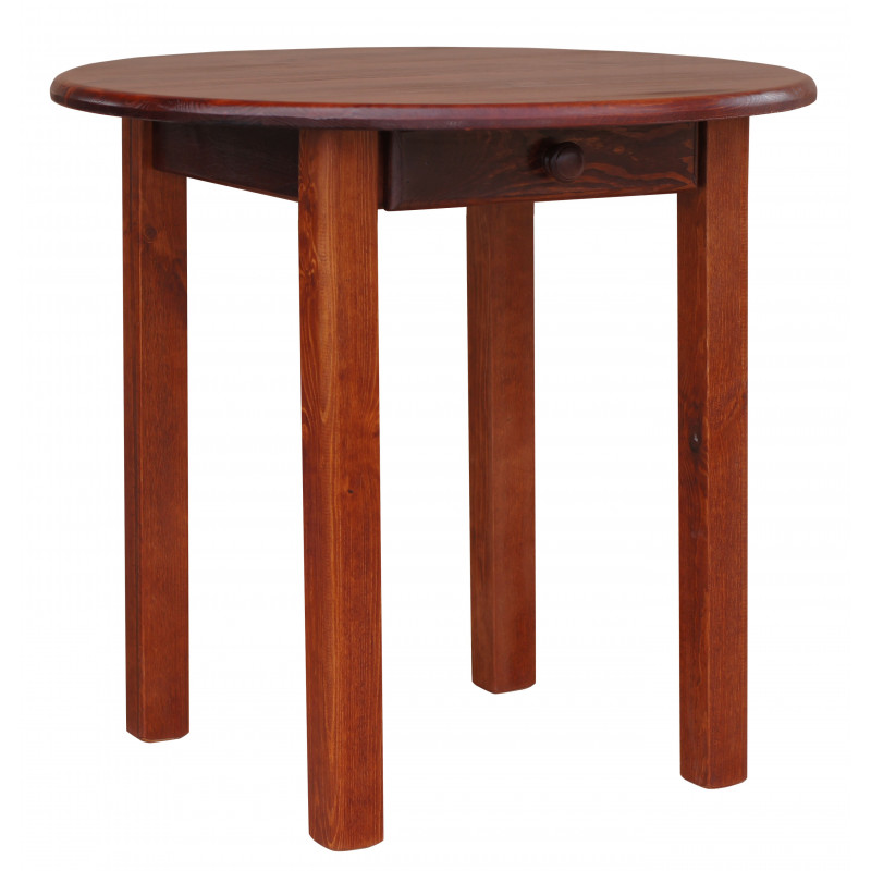 Ronde grenenhouten eettafel met lade, vierkante poten, calvadoskleur