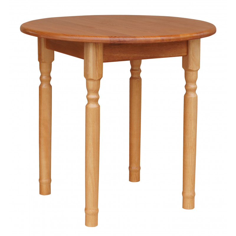 Tavolo da pranzo rotondo in pino, gambe tornite, colore ontano