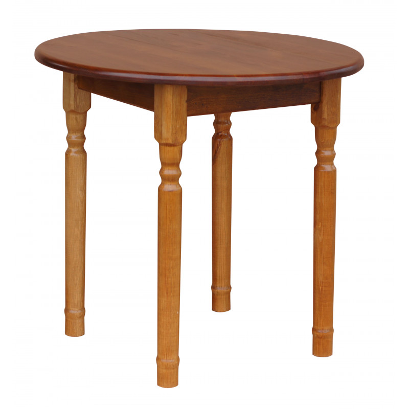 Tavolo da pranzo rotondo in pino, gambe tornite, colore rovere