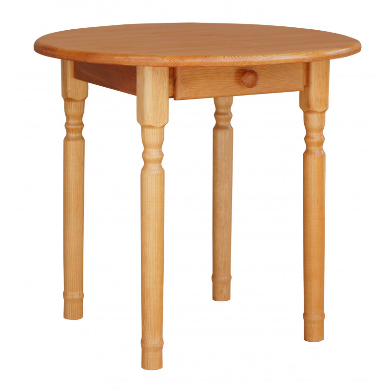Ronde grenenhouten eettafel met lade, gedraaide poten, elzenkleur