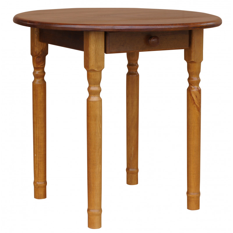 Ronde grenenhouten eettafel met lade, gedraaide poten, eikenkleur