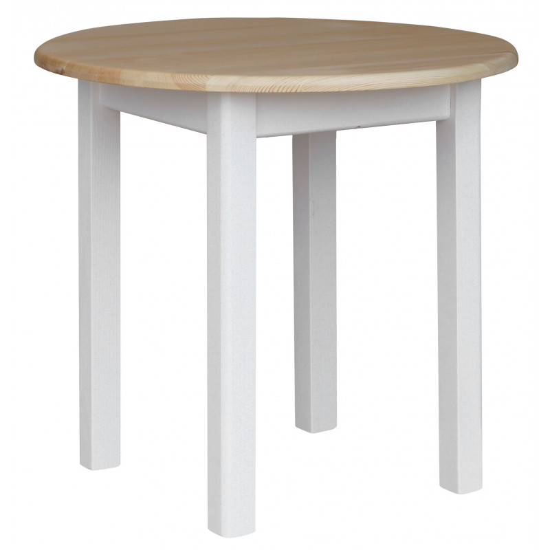 Ronde grenenhouten eettafel, witte vierkante poten, blad: blanke lak