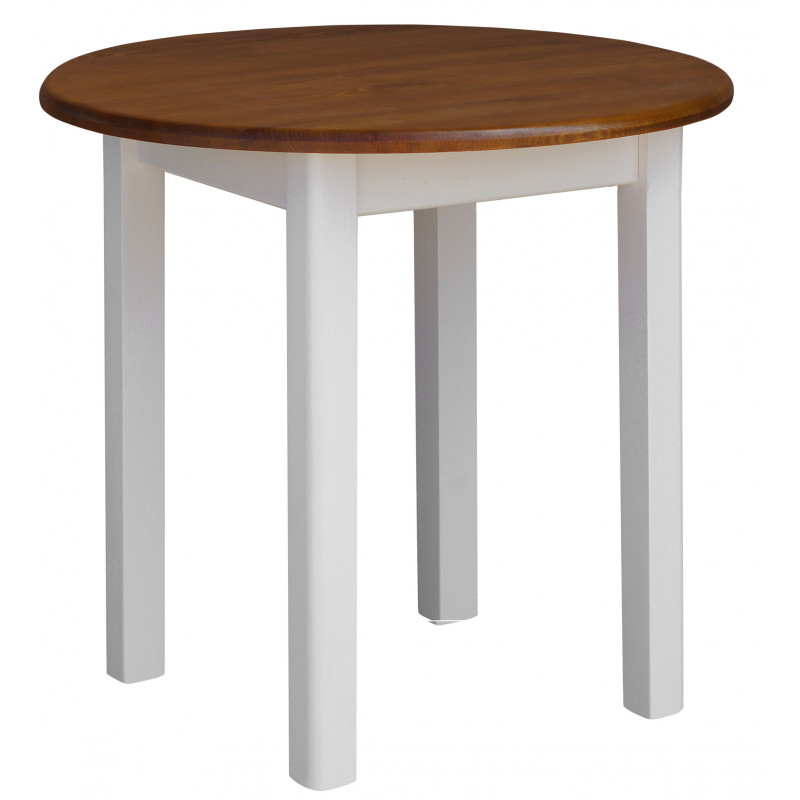 Ronde grenenhouten eettafel, witte vierkante poten, blad: eikenkleur