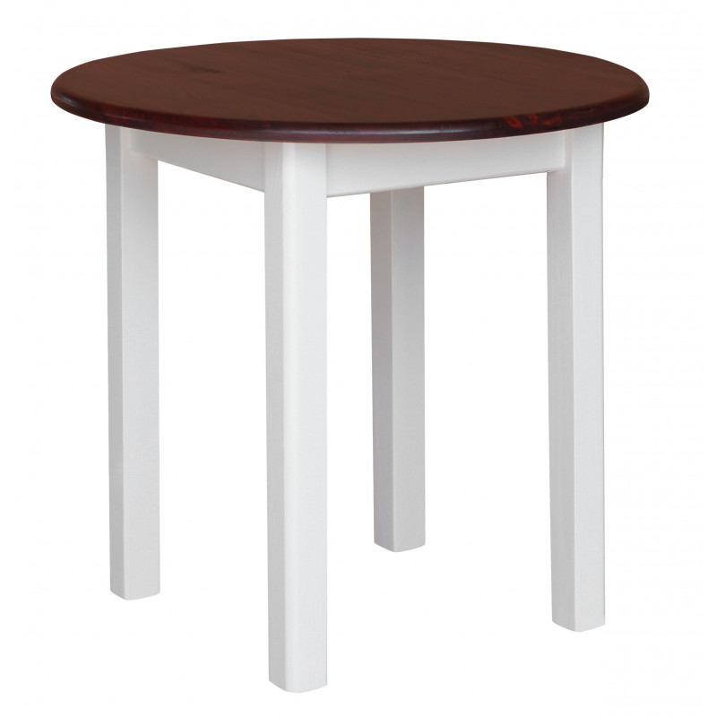 Ronde grenenhouten eettafel, witte vierkante poten, blad: calvadoskleur