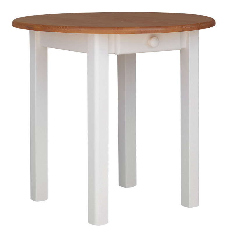 Tavolo da pranzo rotondo in pino con cassetto, gambe quadrate bianche, piano: colore ontano