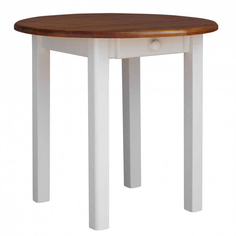 Tavolo da pranzo rotondo in pino con cassetto, gambe quadrate bianche, piano: colore rovere