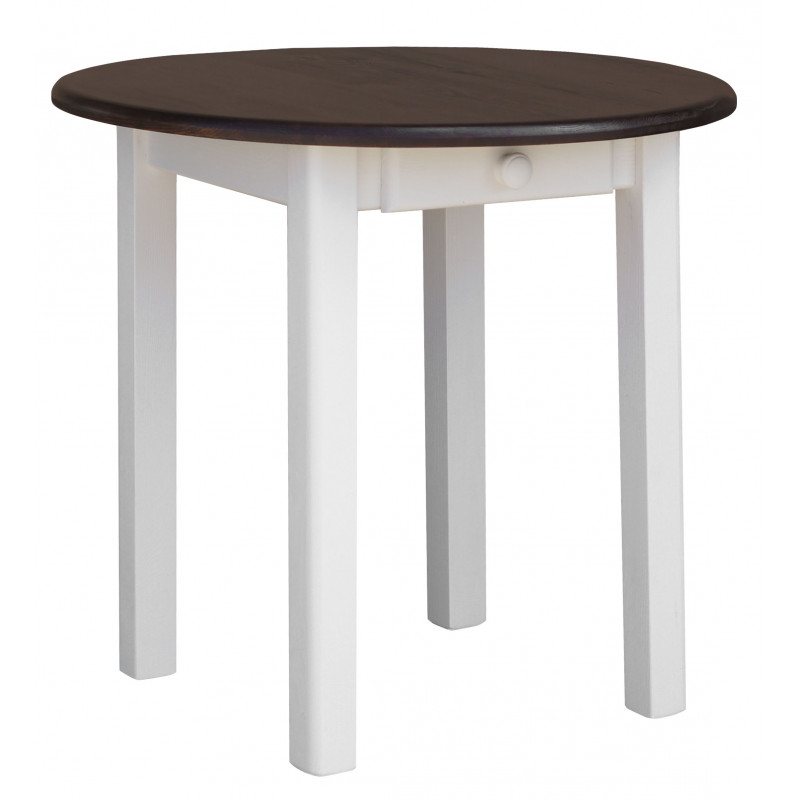 Tavolo da pranzo rotondo in pino con cassetto, gambe quadrate bianche, piano: colore noce