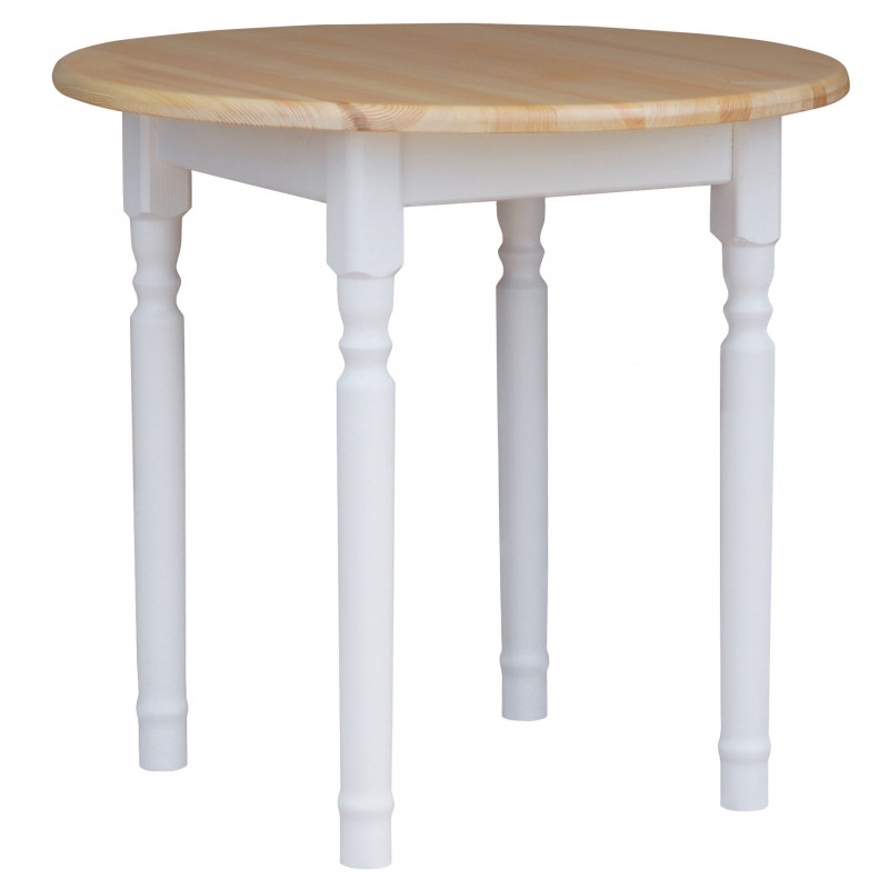 Ronde grenenhouten eettafel, witte gedraaide poten, blad: blanke lak