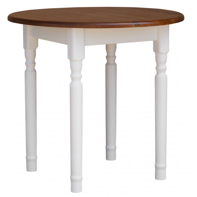 Ronde grenenhouten eettafel, witte gedraaide poten, blad: eikenkleur