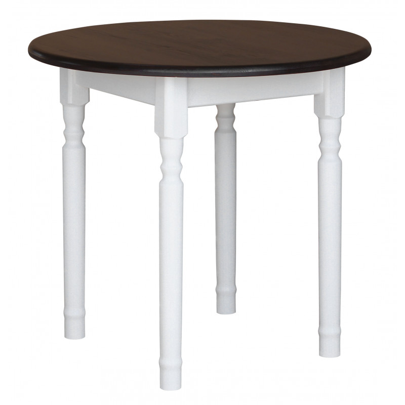Ronde grenenhouten eettafel, witte gedraaide poten, blad: walnootkleur
