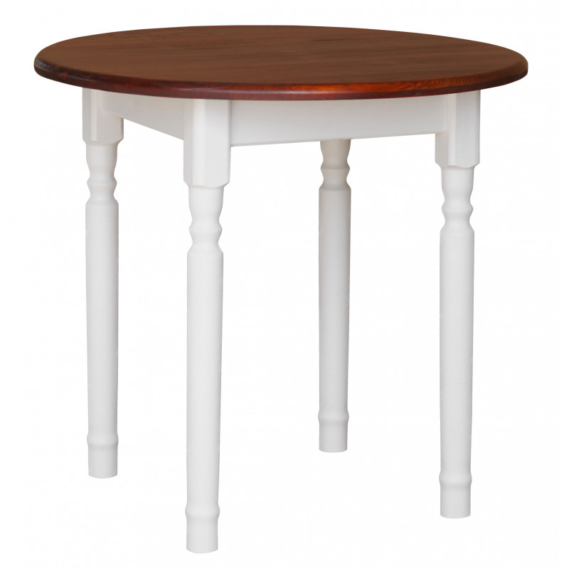Ronde grenenhouten eettafel, witte gedraaide poten, blad: calvadoskleur