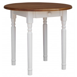 Tavolo da pranzo rotondo in pino con cassetto, gambe tornite bianche, piano: colore rovere