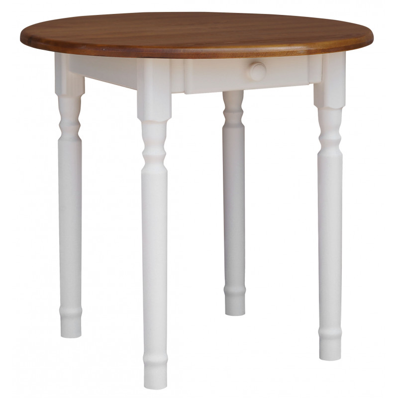 Tavolo da pranzo rotondo in pino con cassetto, gambe tornite bianche, piano: colore rovere