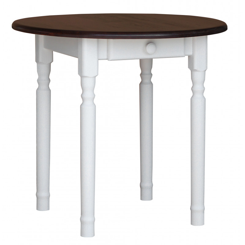 Ronde grenenhouten eettafel met lade, witte gedraaide poten, blad: walnootkleur